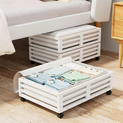 Wisuce 2 Packs Bamboo Under Bed Storage Organizer with Wheels White Small | 360° Lockable Wheels,120lbs Load Capacity, Multi-scene ,Dustproof Clear Storage Bag, Large Capacity,Easy Quick Assembly