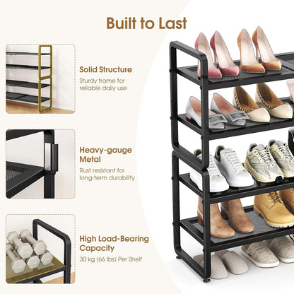 SAYZH Expandable Shoe Rack for Closet, Adjustable Metal Shoe Organizer with Sturdy Mesh Shelves for Boots & Heels, Stackable Shoe Storage for Entryway, Garage, Small Spaces (Black, 2-Tier)