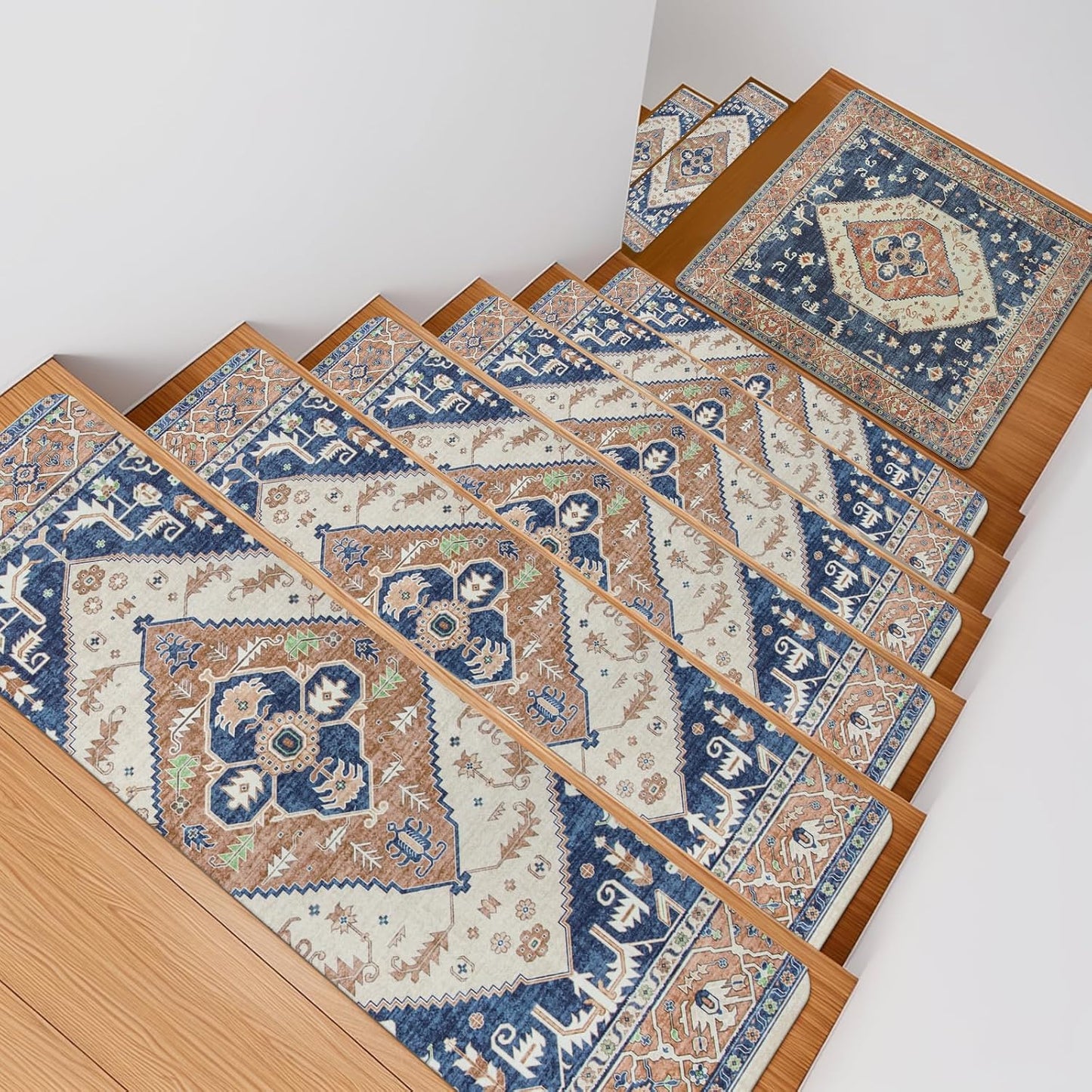 OJIA Non-Slip Carpet Stair Treads for Wooden Steps Set of 15, 30''X8'' Indoor Runner Resistant Rugs Rubber Safety Mats for Dogs, Kids & Elders, Stairway Grip