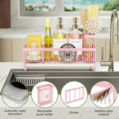 Cisily Extra Large Sink Caddy Organizer with Drying Stone, Black Sponge Holder for Kitchen, Dish Brush Holder for Countertop, Kitchen Decor Storage and Essentials