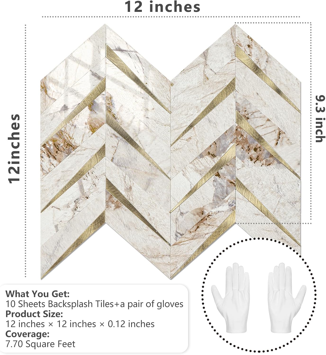 STICKGOO 10-Sheet Herringbone Tile Peel and Stick Backsplash, Beige Mixed Metal Gold PVC Stick on Backsplash, Self Adhesive Wall Tile for Kitchen and Bathroom