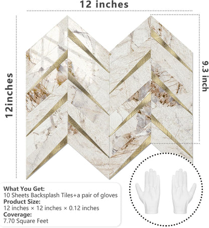 STICKGOO 10-Sheet Herringbone Tile Peel and Stick Backsplash, Beige Mixed Metal Gold PVC Stick on Backsplash, Self Adhesive Wall Tile for Kitchen and Bathroom
