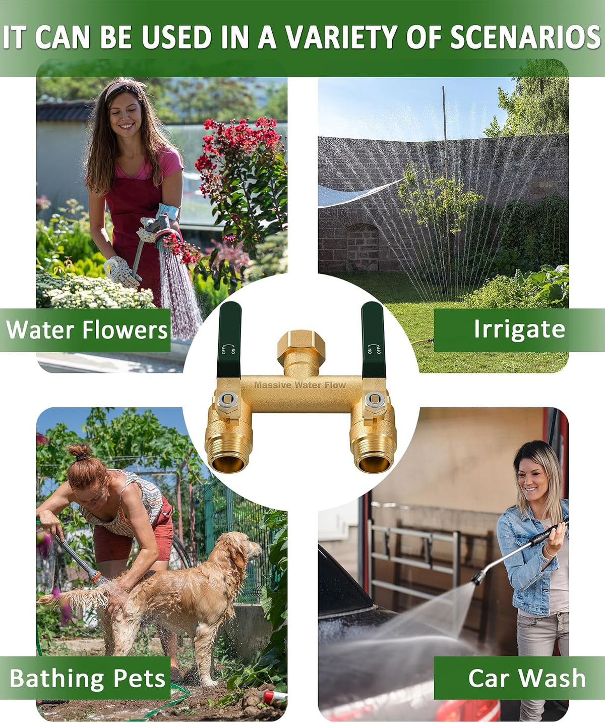 Hose Splitter 2 Way Heavy Duty, Full Flow Garden Hose Splitter with 2 Long Metal Handles, Brass Rust and Freeze Resistant Water Hose Bib Splitter, T Adapter Connector with 3/4 - Inch GHT Thread（Red）