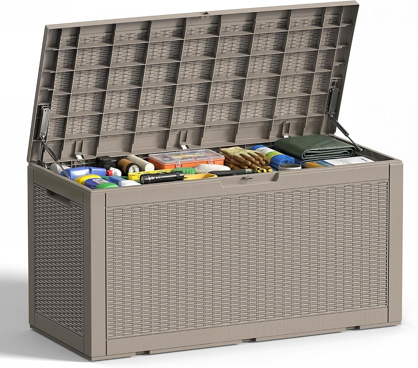 EFU Outdoor Storage Box 100 Gallon Deck Box Resin Outdoor Toy Storage With Lockable Lid, Hydraulic Struts, Rattan Style Package Delivery Boxes for Outside Patio Yard Garden (Black)