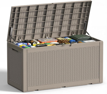 EFU Outdoor Storage Box 100 Gallon Deck Box Resin Outdoor Toy Storage With Lockable Lid, Hydraulic Struts, Rattan Style Package Delivery Boxes for Outside Patio Yard Garden (Black)
