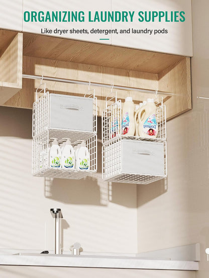 Hanging Closet Organizer, 4 Tier Metal Closet Organizers and Storage with 4 Hanging Hooks 4 S-Hooks for Wardrobe Laundry Room, Wire Storage Shelf for Clothes Sweaters Pants (White)