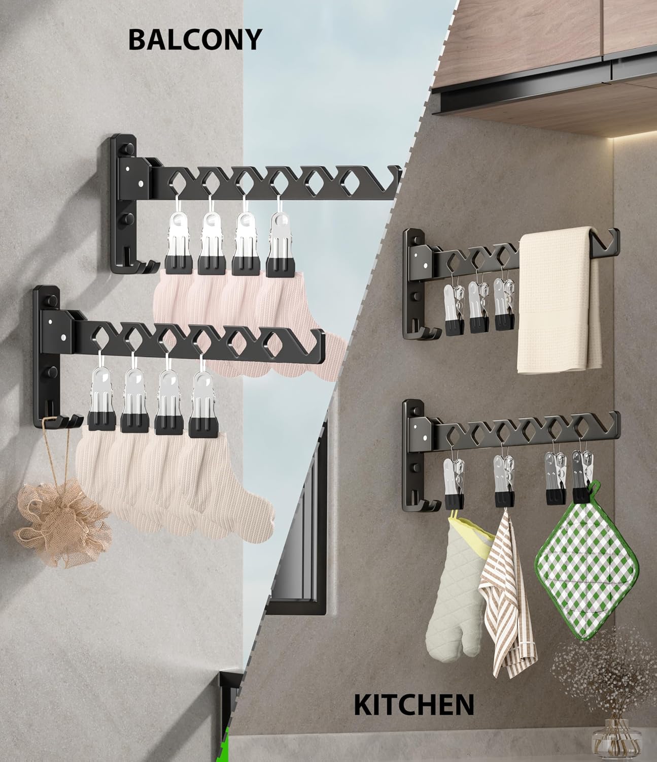 Dr.DJ Wall Mount Coat Hanger Holder Black Clothes Drying Organizer Rack Garment Hooks Aluminium Retractable Folding Indoor Wall Mounted Hanger Space Saver for Laundry Room Bedroom Black 2Pack
