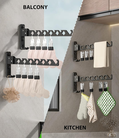 Dr.DJ Wall Mount Coat Hanger Holder Black Clothes Drying Organizer Rack Garment Hooks Aluminium Retractable Folding Indoor Wall Mounted Hanger Space Saver for Laundry Room Bedroom Black 2Pack