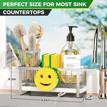 Sponge Holder for Kitchen Sink,Smiley Face Sink Caddy with Removable Brush Holder,Self-Draining Sponge Caddy for Soap,Dish Brush,Scrubber,Kitchen Essentials and Gadgets-Silver