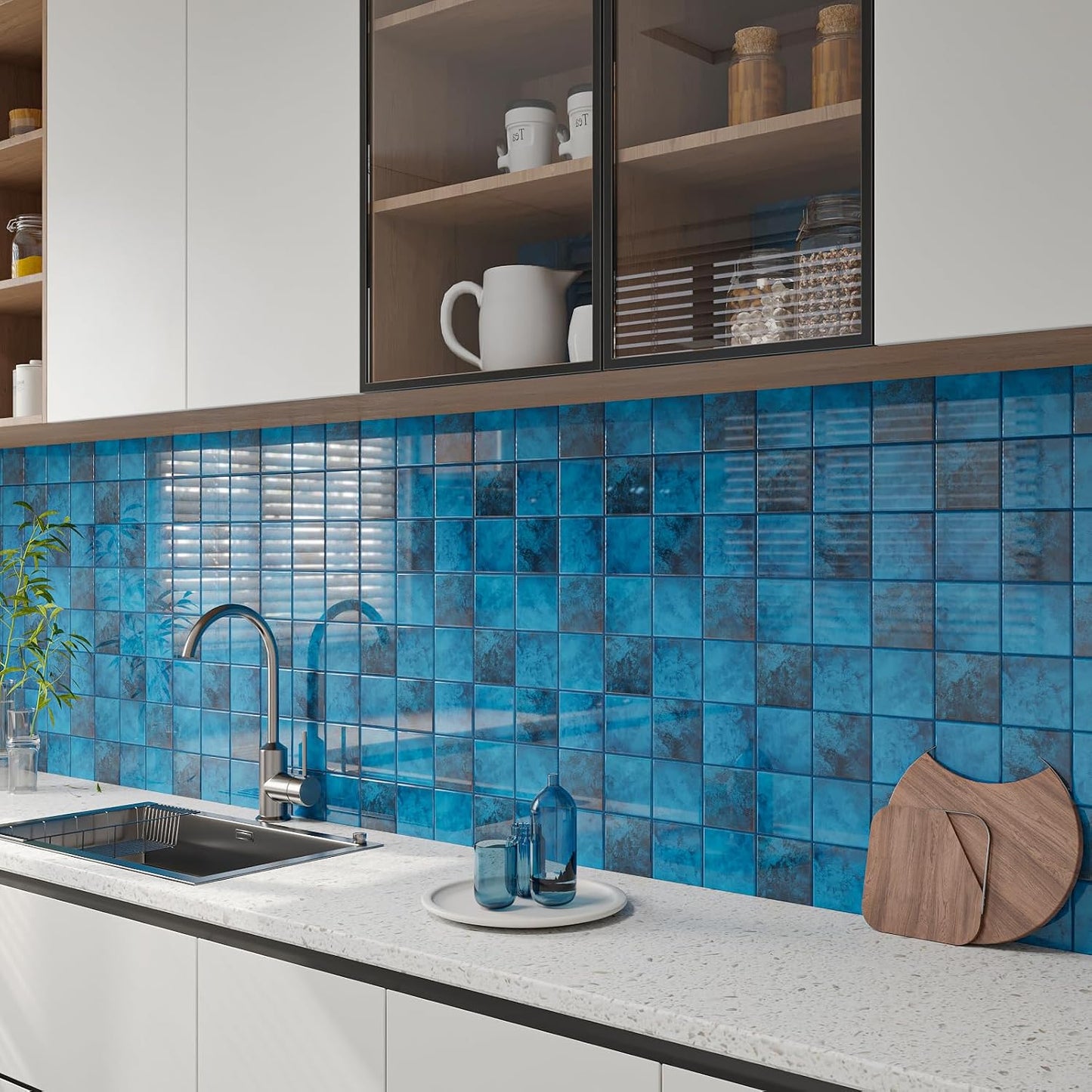 CHIHUT 6 Sheets 12"x12" Glossy Grey Concrete Checkered Peel and Stick Backsplash Tiles Waterproof Heat Resistant Self Adhesive Vinyl Wall Tiles for Kitchen Bathroom Laundry Room Renter Friendly Tiles