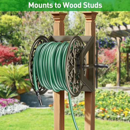 GOFORWILD Garden Wall Mount Hose Reel, Decorative Hose Reel, Garden Heavy-Duty Water Hose Holder Winder, Holds 200-Feet of 5/8-Inch Hose