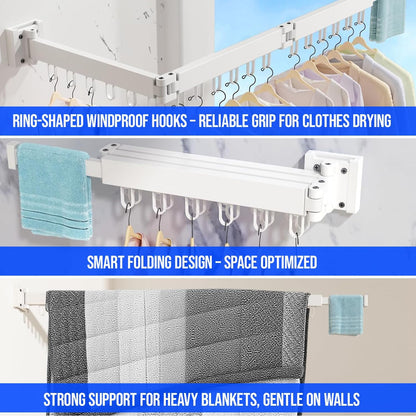 Foldable Wall Mounted Clothes Drying Rack for Laundry, White | 180° swivel, 220 lb hold, aircraft aluminum, retractable, space-saving, indoor outdoor, hanger dryer, balcony bathroom