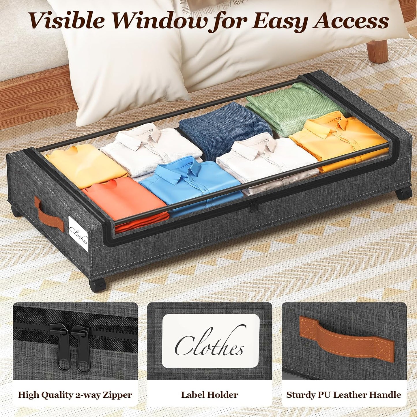 Yecaye Under Bed Storage with Wheels, 2 Pack Under Bed Storage Containers, 60L Underbed Shoe Storage with Clear Window & Label, Rolling Under Bed Metal Drawer for Clothes, Shoes, Books, Blankets