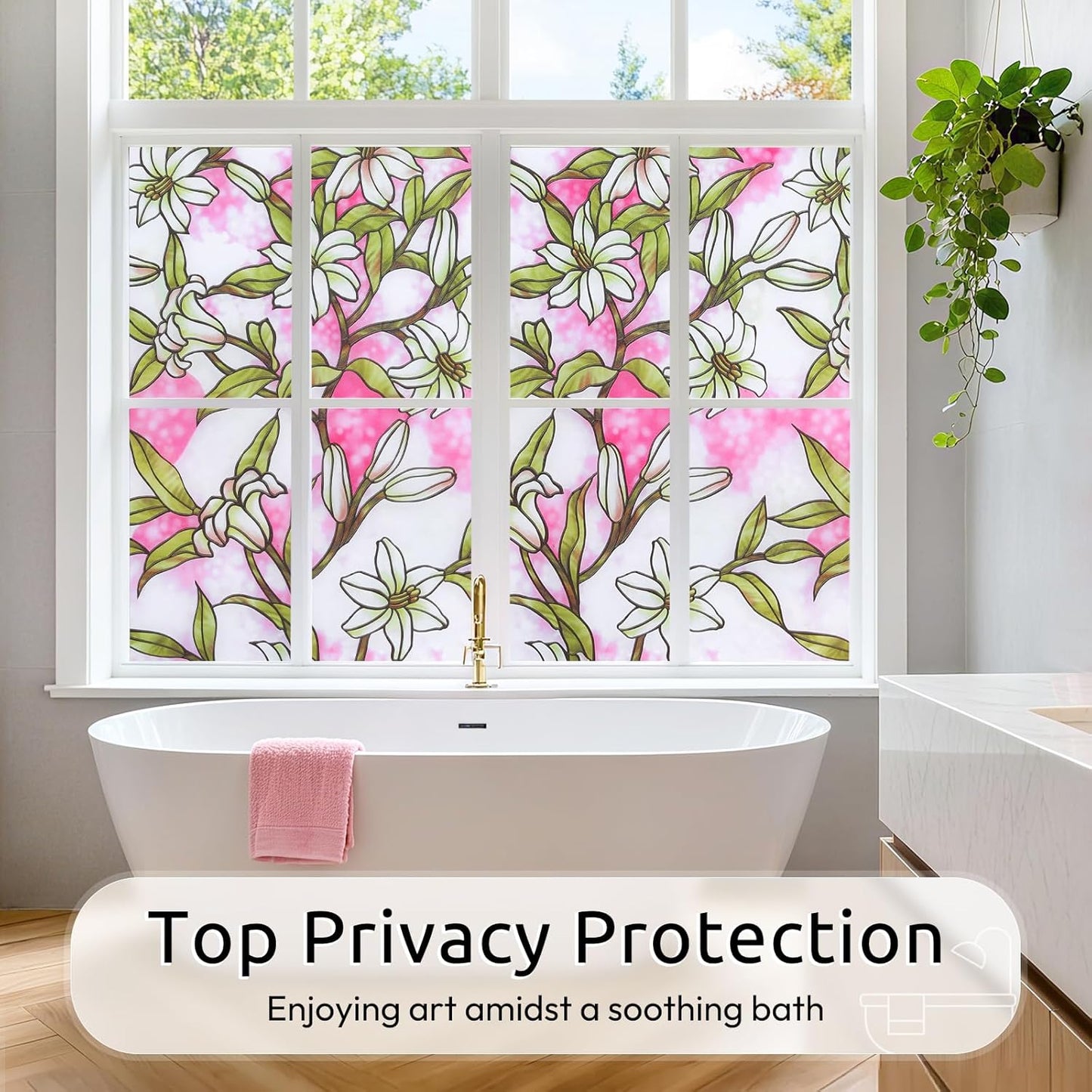 rabbitgoo Window Privacy Film, Decorative Stained Glass Window Film, Sun Blocking Glass Clings, Renter-Friendly Static Cling Frosted Sticker Covering for Home Door, Rainbow Tulip 17.5" X 78.7"