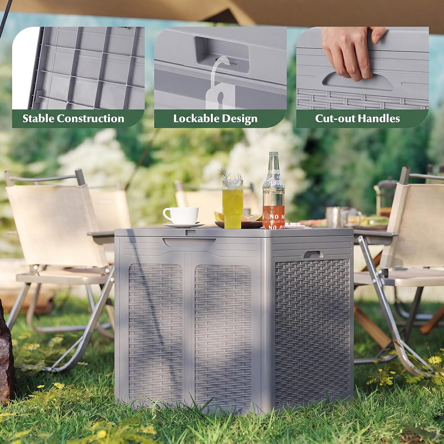 Tangkula 25 Gallon Waterproof Outdoor Storage Box with Lockable Lid | PP Resin, Wicker Patterned, Indoor Outdoor Use, Portable, Versatility, for Deck, Pool, Patio Cushions, Garden Tools