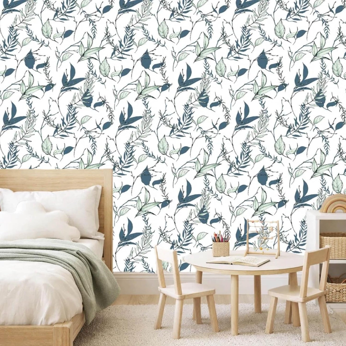 Sage Green and Blue Leaf Peel and Stick Wallpaper Modern Removable Self Adhesive Waterproof Renter Friendly Wall Covering for Bathroom and Accent Walls 17.7in x 88.5in