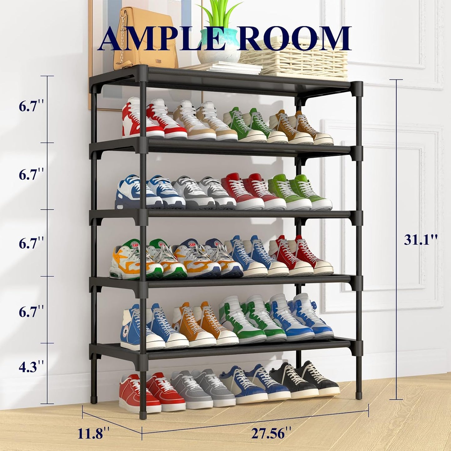 Kitsure Shoe Rack - Non-Woven Shoe Rack Shelf, Shoe Organizer for Closet, Entryway, Garage & Corridor, Stackable Shoe Shelves, 27.5" Wide - 3 Tier, Black