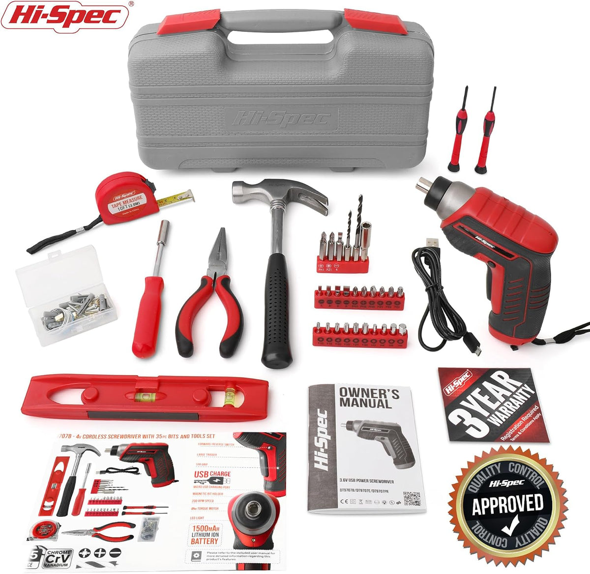 Hi-Spec Tool Kit with 3.6V USB Small Electric Screwdriver Set, Pink Drill Set for Women, Tool Kit for Home