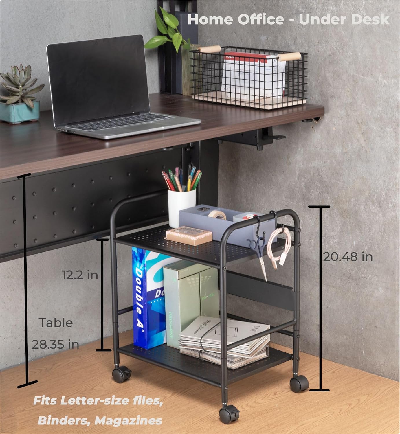 2-Tier Metal Rolling Cart, Compact Under Desk Storage Organizer | 12.2" clearance fits binders & tall bottles; anti-drop safety guard; small space mobile shelf for home, bedroom & office.