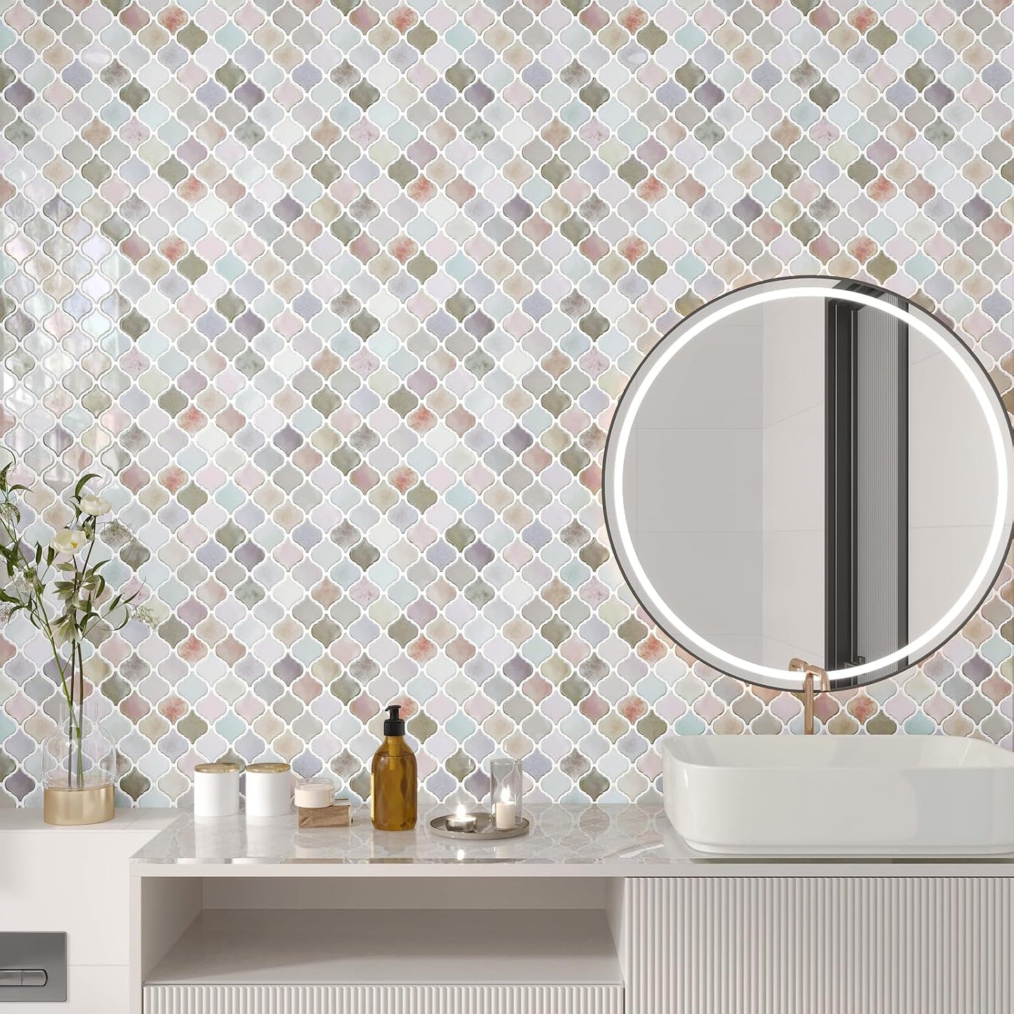 CHIHUT Arabesque Peel and Stick Backsplash 12''x12'' Waterproof Oil Proof Blush Pink Lavender Mottled Marble Self Adhesive Wall Tiles Removable Glossy Stick on Backsplash for Kitchen Bathroom 6 Sheets