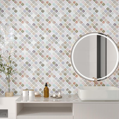 CHIHUT Arabesque Peel and Stick Backsplash 12''x12'' Waterproof Oil Proof Blush Pink Lavender Mottled Marble Self Adhesive Wall Tiles Removable Glossy Stick on Backsplash for Kitchen Bathroom 6 Sheets