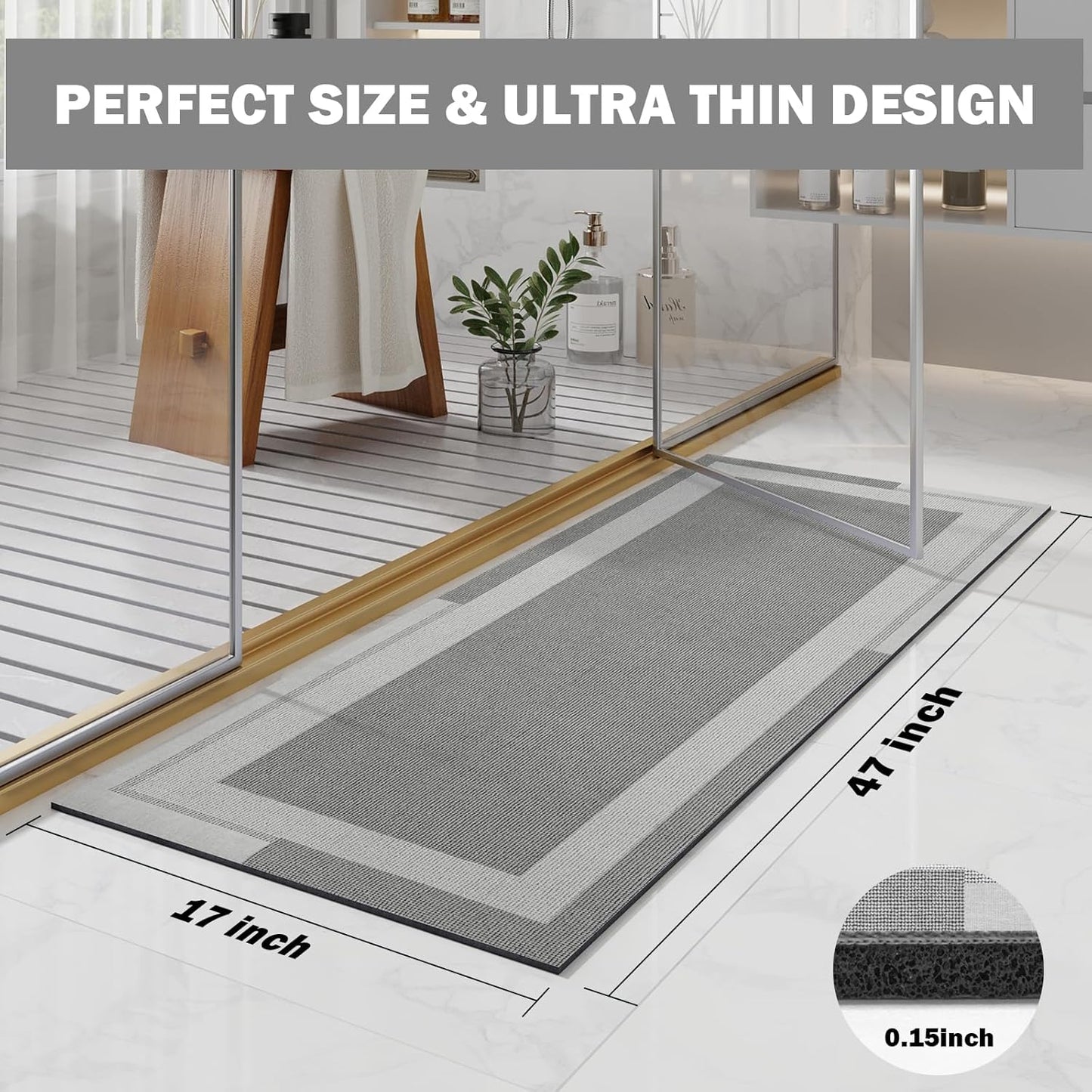 YDKGL Non Slip Bath Mat, Rubber Backing Ultra Thin Bathroom Rugs Fit Under Door Quick Dry Super Absorbent Washable Bath Rug Shower Mat for Bathroom Floor Bathtub Shower Sink, Easy Care Blue 16"x 24"
