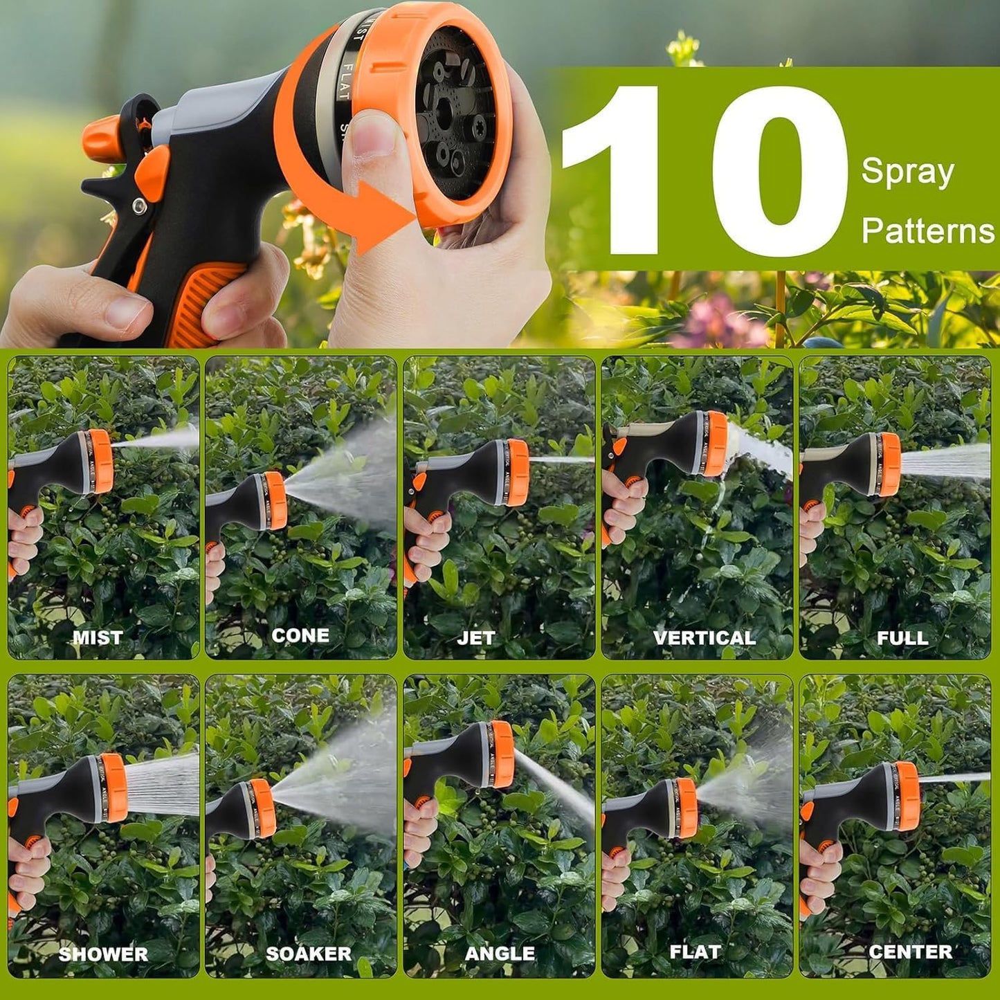 Garden Hose Nozzle with Adjustable 10 Watering Patterns, Water Hose Nozzle Sprayer with Slip Resistant,High Pressure Garden Hose Spray Nozzle for Plants & Lawns Watering,Car Washing and Pet Showering
