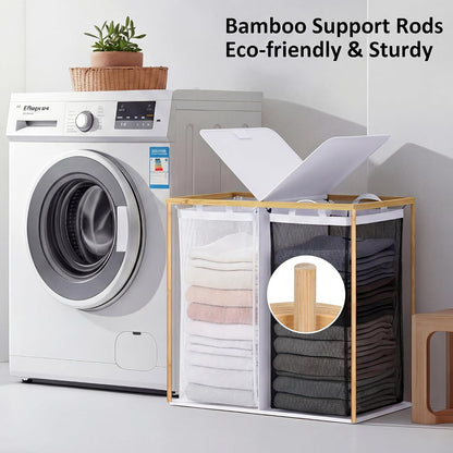 efluky Laundry Hamper with Lid, Trio Laundry Basket with 2 Removable Bags, 3 Section Laundry Bin with Bamboo Handles for Bathroom, Bedroom & Laundry Room, 160L (42.3 Gallon) Beige