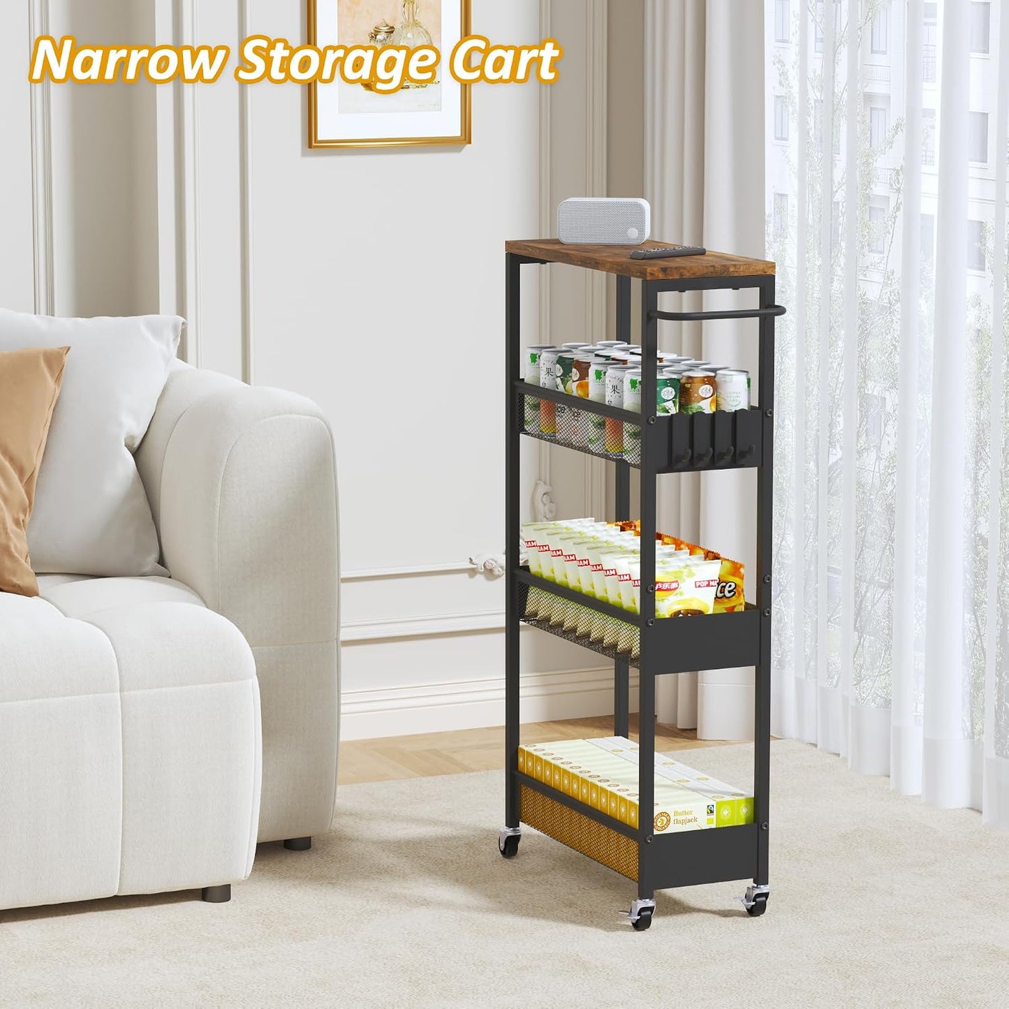Vincona 7.1" Wide Slim Storage Cart on Wheels, 4 Tier Metal Narrow Rolling Cart with Handle and Wood Top, Multifunctional Small Mobile Shelf Unit Organizer Trolley for Laundry, Bathroom, Kitchen