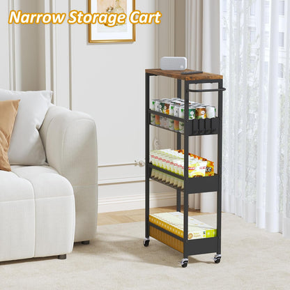 Vincona 7.1" Wide Slim Storage Cart on Wheels, 4 Tier Metal Narrow Rolling Cart with Handle and Wood Top, Multifunctional Small Mobile Shelf Unit Organizer Trolley for Laundry, Bathroom, Kitchen