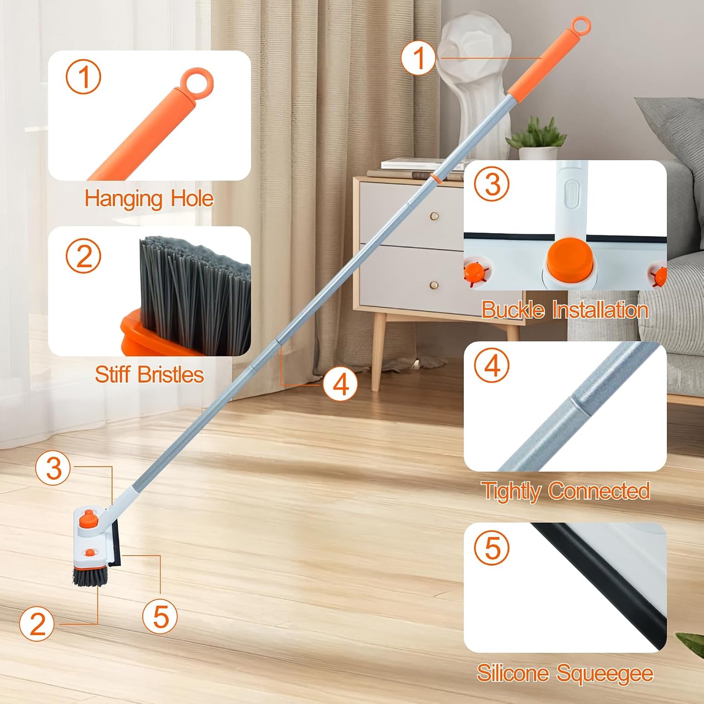 Floor Scrub Brush with Long Handle, 3 in 1 Extendable Stiff Bristle Scrape Brush, 60-In Shower Scrubber Brush with Squeegee and 2 Replacement Heads for Cleaning Bathroom Kitchen Deck Tub Tile