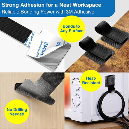 Cable Management Kit – 40 Self-Adhesive Hook & Loop Cable Ties with 2 Extension Straps, Strong Adhesive Cord Organizer for Desk, Wall, Home & Office – Adjustable Wire Holders (Black)