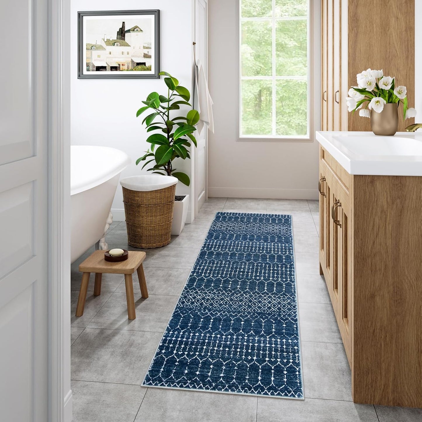 Lahome Moroccan Entry Rug 2x3, Non-Slip Washable Front Indoor Door Mat Rubber Backing Low-Profile Door Rugs, Small Geometric Print Distressed for Entryway Bathroom Kitchen, Black Hana