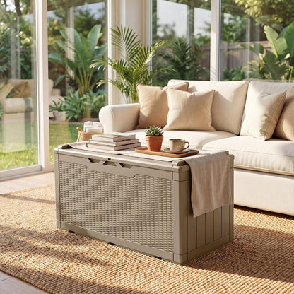 JUMMICO 31 Gallon Resin Deck Box Waterproof Indoor Outdoor Storage Boxes for Patio Furniture Cushions and Garden Tools (Brown)