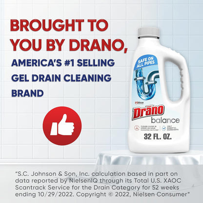 Drano Balance Drain Clog Remover and Cleaner, Non-Corrosive Formula, Safe on All Pipes and Septic Tanks, Formulated Using Only Essential Ingredients, 32 Fl Oz