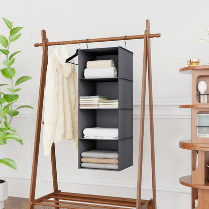 Hanging Closet Organizer 3-Shelf, Oxford Fabric Wardrobe Storage, Gray | Easy-mount foldable design holds clothes, handbags, shoes & accessories; washable Oxford fabric, sturdy and space-saving.