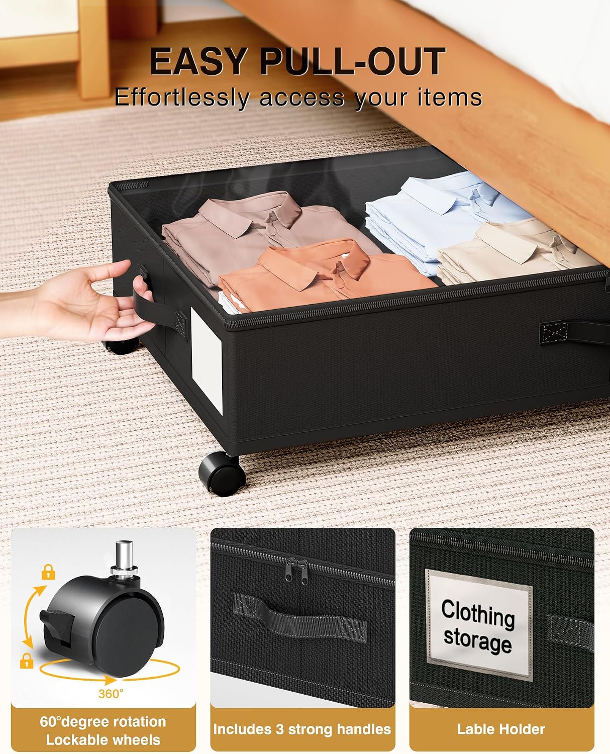 Under Bed Storage with Wheels,1Pack Underbed Shoe Storage Organizer,7.5-10.6 inchTall Adjustable Storage for Underbed with Lids,65L Extra large capacity for Clothes, Blankets,Shoes