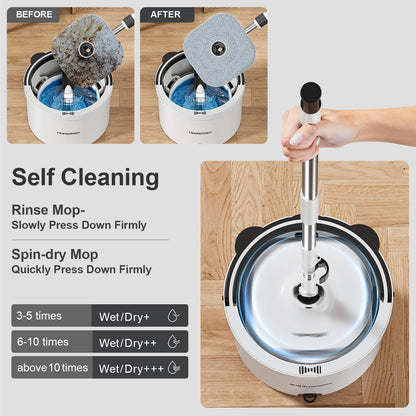 HoMettler Mop and Bucket Set, Spin Mop and Detachable Inner Mop Bucket with Separate Dirty/Clean Water System, Self-Wringing Square Mops for Floor/Wall Cleaning with 6 Microfiber Pads