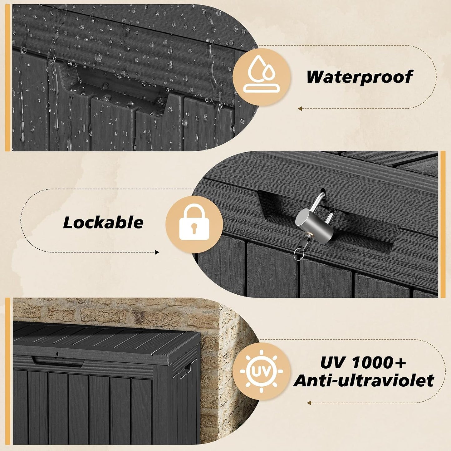 Fancyango 75 Gallon Outdoor Deck Box Waterproof, Large Storage Box for Patio, Resin Storage Bench Lockable for Garden Tools, Package Delivery, Black