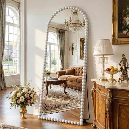 Antok 58" x 21" Arched Full Length Mirror, Antique Beaded Frame Floor Standing or Wall Mounted Mirror with Stand for Bedroom, Entryway, Brown, Luxury Style