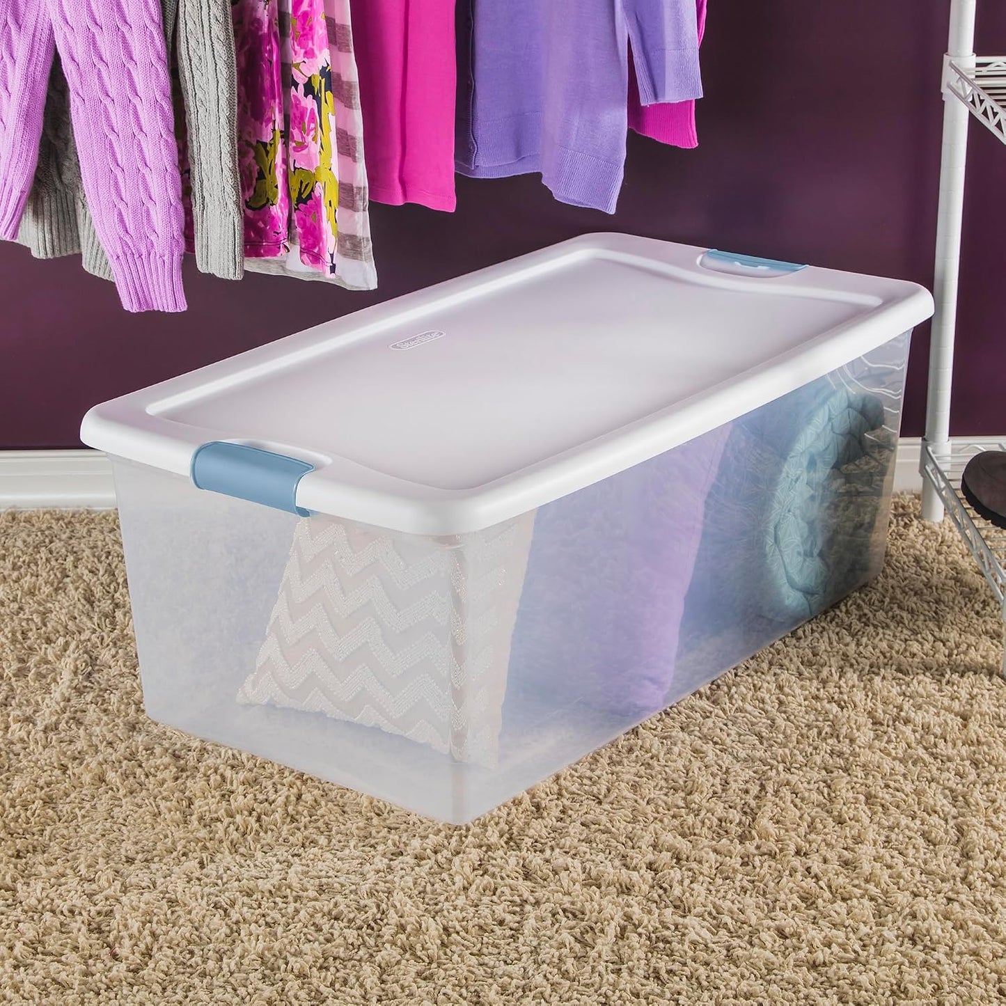 Sterilite 4-Pack 56 Quart Wheeled Latching Box, Underbed Clear Plastic Storage Organizer - Under Bed Rolling Container Bin with Lid and Wheels for Home or Dorm Bedrooms and Closets