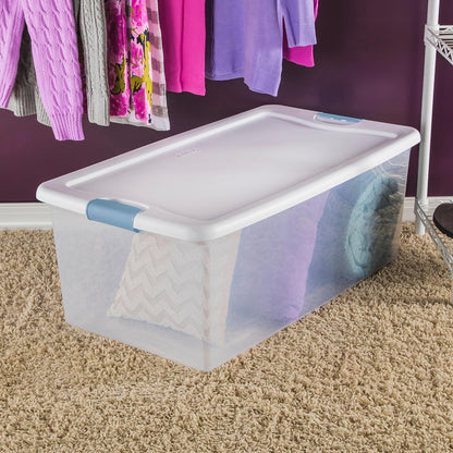 Sterilite 4-Pack 56 Quart Wheeled Latching Box, Underbed Clear Plastic Storage Organizer - Under Bed Rolling Container Bin with Lid and Wheels for Home or Dorm Bedrooms and Closets