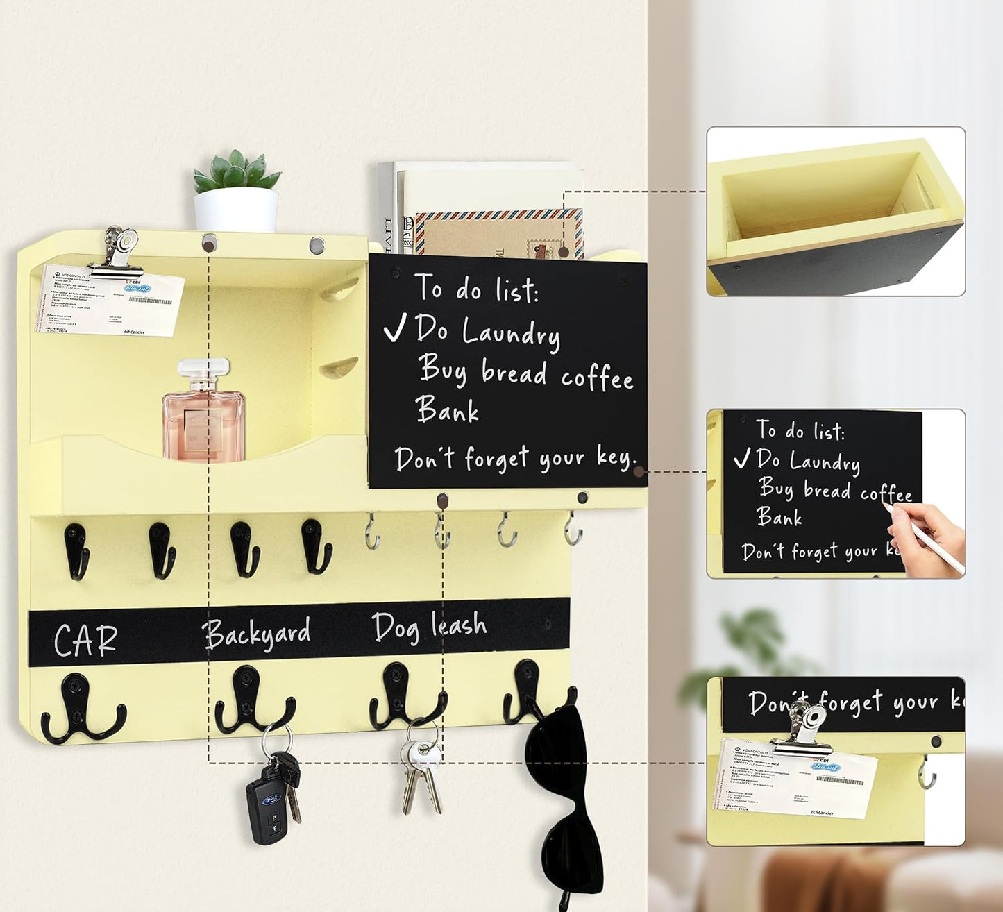 Key Holder for Wall Mount with Shelf and Mail Organizer, Key and Mail Holder with 16 Hooks, Farmhouse Entryway Organizer, Home Decor Rack (Pine Wood, Black)
