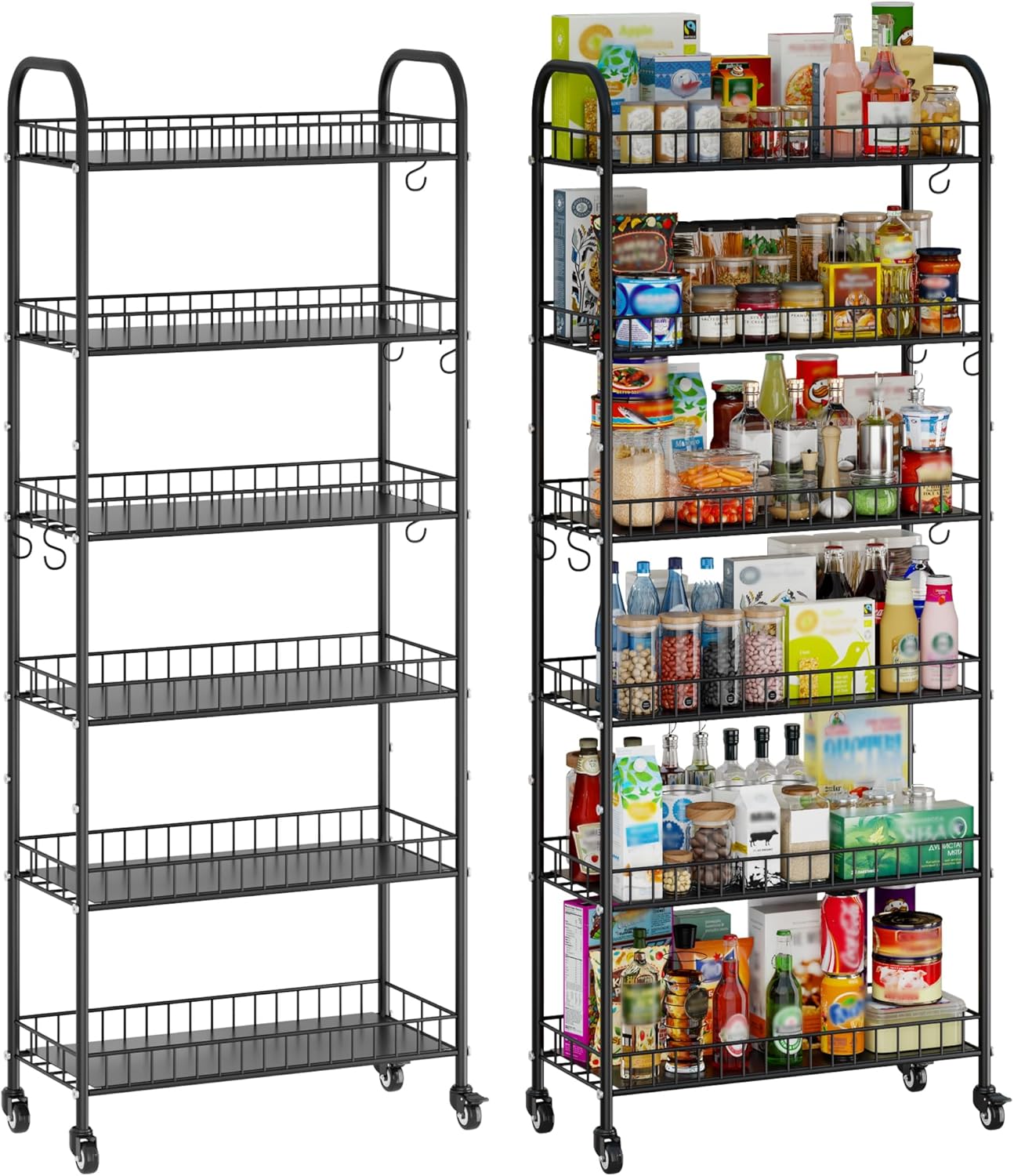 6-Tier Slim Storage Cart, Rolling Kitchen Cart with Wheels | Narrow Metal Shelf Organizer with Hooks for Kitchen, Bathroom, Living Room, Laundry, Small Spaces, Black, 6 in
