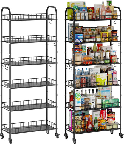 6-Tier Slim Storage Cart, Rolling Kitchen Cart with Wheels | Narrow Metal Shelf Organizer with Hooks for Kitchen, Bathroom, Living Room, Laundry, Small Spaces, Black, 6 in