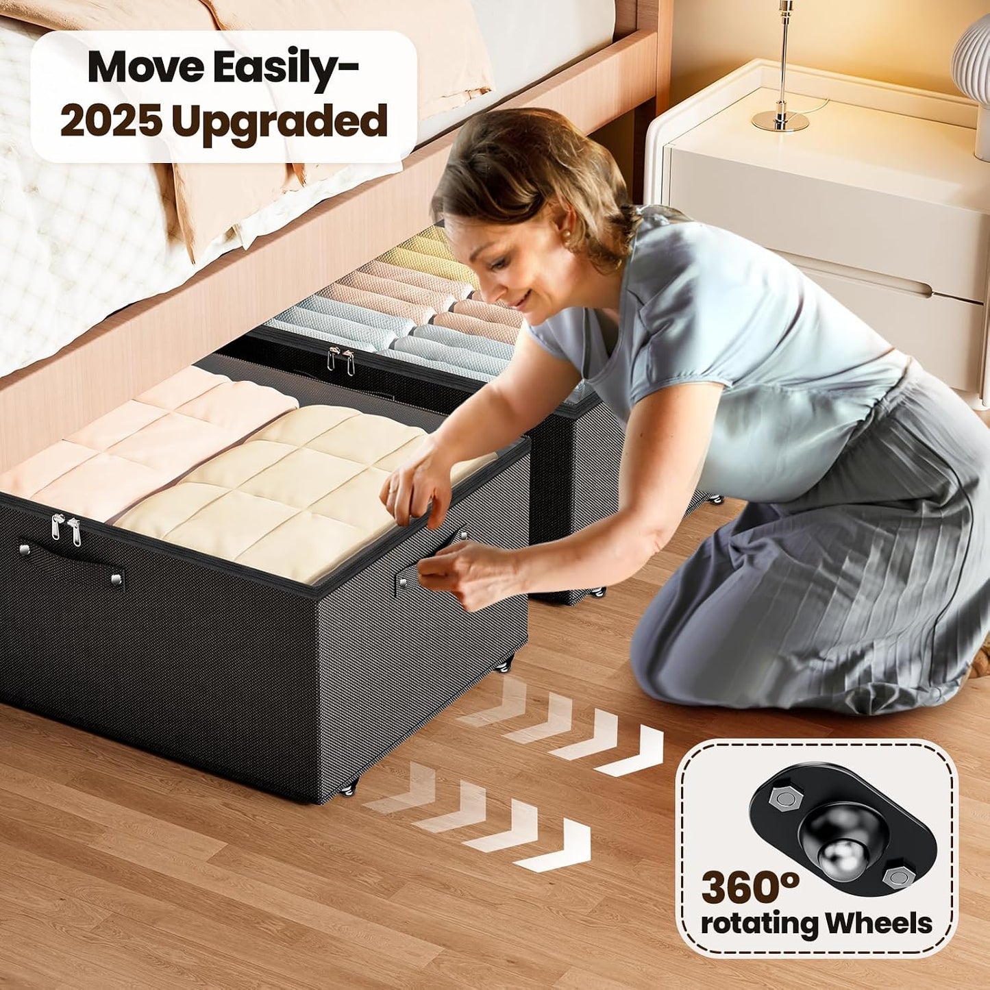Dayacoco Under Bed Storage With Wheels,10in Underbed Storage Containers 65L | Large Capacity Underbed Storage, No Assembly Required Rolling Under Bed Storage for Clothes Blankets Shoes Beige
