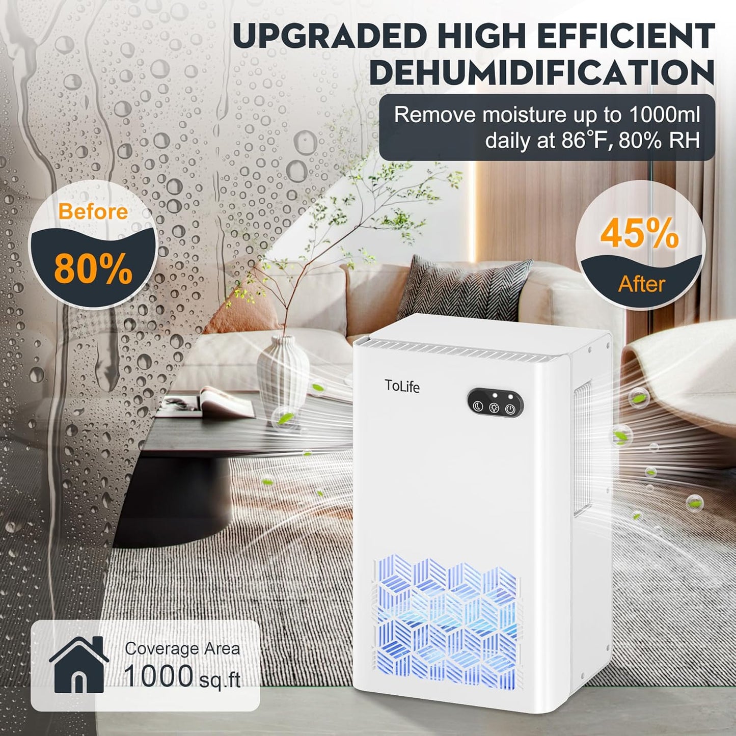 ToLife Dehumidifier for Home 95 OZ Water Tank, 1000 sq.ft Dehumidifiers for Basement Bedroom Bathroom with Auto Shut Off 7 Colors LED Light, Grey