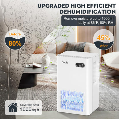 ToLife Dehumidifier for Home 95 OZ Water Tank, 1000 sq.ft Dehumidifiers for Basement Bedroom Bathroom with Auto Shut Off 7 Colors LED Light, Grey