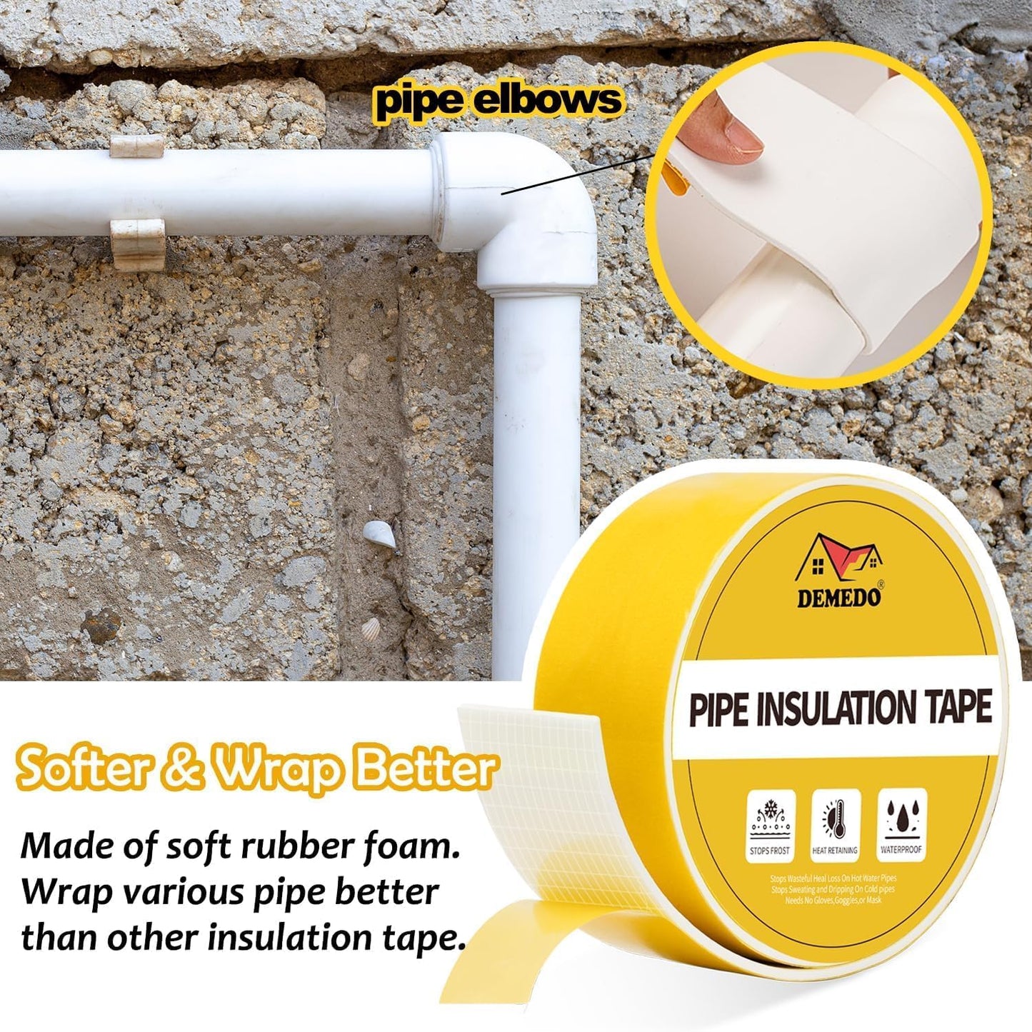 DEMEDO Pipe Insulation Tape, Pipe Wrap Insulation Foam Tape Self Adhesive, Outdoor Water Pipe Insulation Roll for HVAC, AC Line Insulation, 2 inch x 16.5 FT Heat Tape for Water Pipe, White