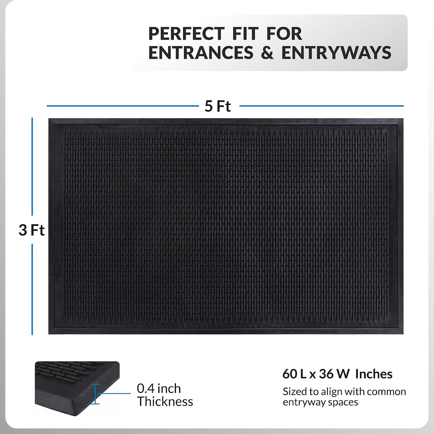Heavy Duty Rubber Scraper Door Mat – Commercial Grade Indoor Outdoor Entry Mat, Non-Slip Low Profile Dirt Trapping Floor Mat for Front Door, Office, Garage & Store Entrance, Black (3' x 5')